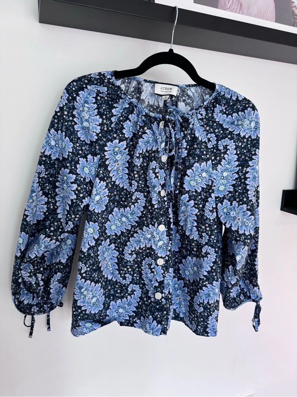 J. Crew Collection Navy and Light Blue Paisley Tie-Neck Blouse